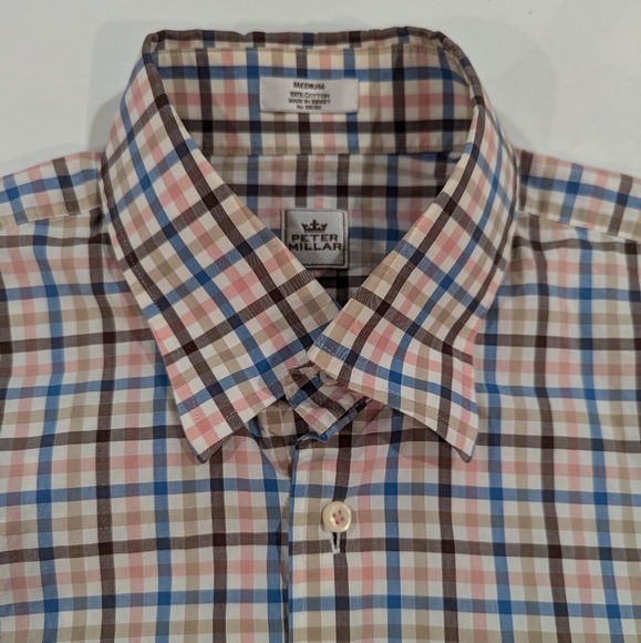 Peter Millar Button Down Shirt Mens M Med Brown‎ Blue White Gingham Check Plaid - Picture 2 of 8